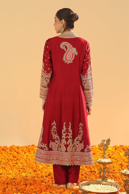 Shop Sheetal Batra Red Silk, Chanderi Sequins, Zari Paisley Garden Embroidered Jacket Kurta Set at Aza Fashions Shop_Sheetal Batra_Red Silk, Chanderi Sequins, Zari Paisley Garden Embroidered Jacket Kurta Set _at_Aza_Fashions