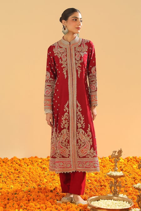 Sheetal Batra Red Silk, Chanderi Sequins, Zari Paisley Garden Embroidered Jacket Kurta Set Online at Aza Fashions Sheetal Batra_Red Silk, Chanderi Sequins, Zari Paisley Garden Embroidered Jacket Kurta Set _Online_at_Aza_Fashions