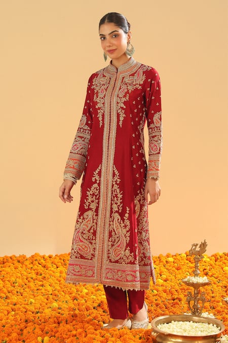 Buy Sheetal Batra Red Silk, Chanderi Sequins, Zari Paisley Garden Embroidered Jacket Kurta Set Online at Aza Fashions Buy_Sheetal Batra_Red Silk, Chanderi Sequins, Zari Paisley Garden Embroidered Jacket Kurta Set _Online_at_Aza_Fashions