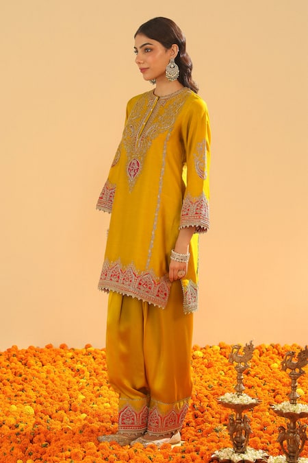 Buy Sheetal Batra Yellow Organza, Satin Sequins, Zari Mughal Bloom Embroidered Kurta Set Online at Aza Fashions Buy_Sheetal Batra_Yellow Organza, Satin Sequins, Zari Mughal Bloom Embroidered Kurta Set _Online_at_Aza_Fashions