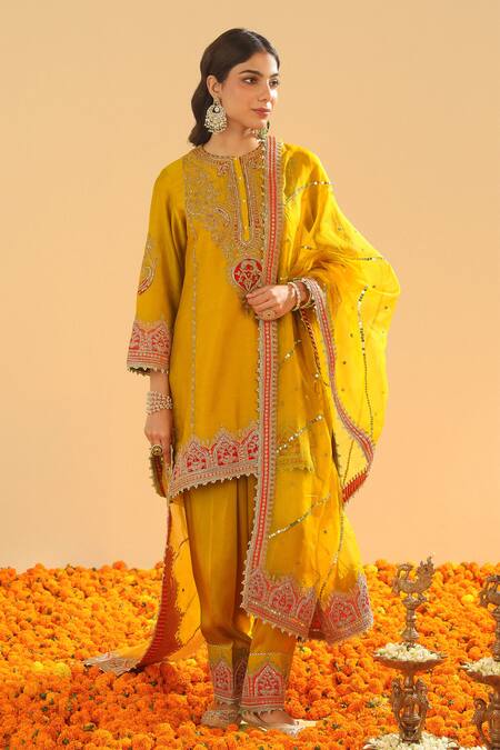 Sheetal Batra Yellow Organza, Satin Sequins, Zari Mughal Bloom Embroidered Kurta Set at Aza Fashions Sheetal Batra_Yellow Organza, Satin Sequins, Zari Mughal Bloom Embroidered Kurta Set _at_Aza_Fashions