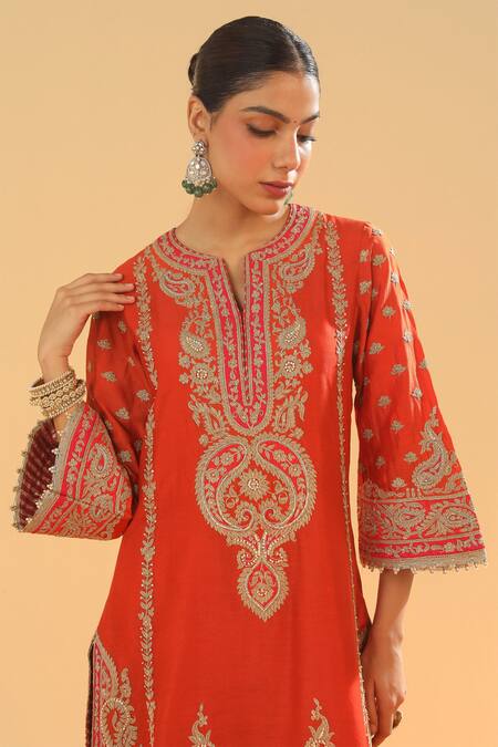 Sheetal Batra_Orange , Organza Embroidery, Zari Split V-neck Kirandori Kurta Set _at_Aza_Fashions