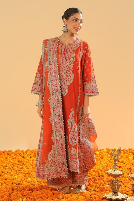 Buy_Sheetal Batra_Orange , Organza Embroidery, Zari Split V-neck Kirandori Kurta Set 