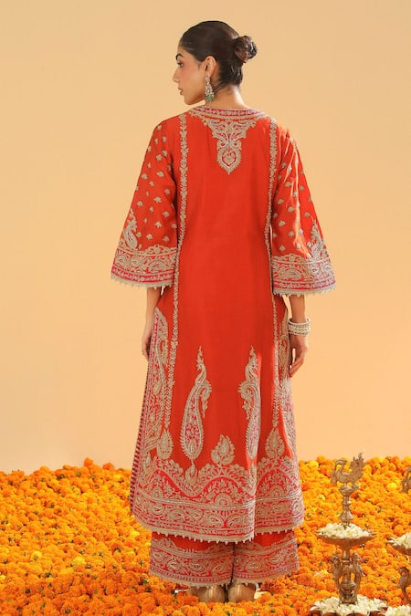 Shop Sheetal Batra Orange Silk, Chanderi Embroidery, Diamonds Open Neck Kirandori Kurta Set at Aza Fashions Shop_Sheetal Batra_Orange Silk, Chanderi Embroidery, Diamonds Open Neck Kirandori Kurta Set _at_Aza_Fashions