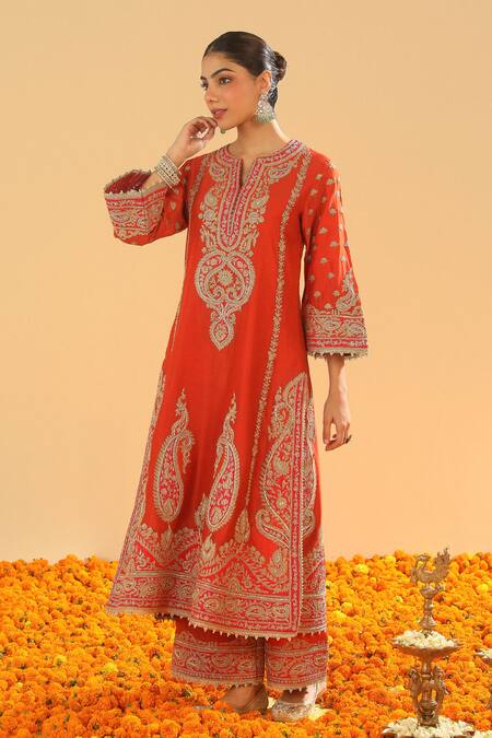 Sheetal Batra Orange Silk, Chanderi Embroidery, Diamonds Open Neck Kirandori Kurta Set Online at Aza Fashions Sheetal Batra_Orange Silk, Chanderi Embroidery, Diamonds Open Neck Kirandori Kurta Set _Online_at_Aza_Fashions