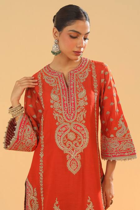 Sheetal Batra Orange Silk, Chanderi Embroidery, Diamonds Open Neck Kirandori Kurta Set at Aza Fashions Sheetal Batra_Orange Silk, Chanderi Embroidery, Diamonds Open Neck Kirandori Kurta Set _at_Aza_Fashions