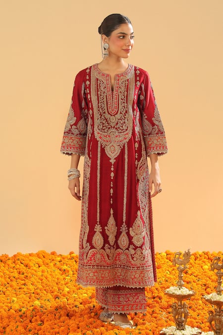 Sheetal Batra Red , Chanderi, Organza Embroidery, Zari Split Kirandori Kurta Set Online at Aza Fashions Sheetal Batra_Red , Chanderi, Organza Embroidery, Zari Split Kirandori Kurta Set _Online_at_Aza_Fashions