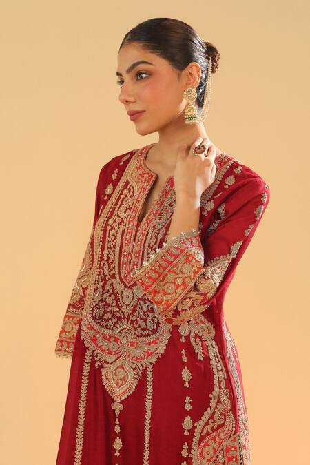 Sheetal Batra_Red Silk, Chanderi Embroidery, Diamonds Open Neck Kirandori Kurta Set _at_Aza_Fashions