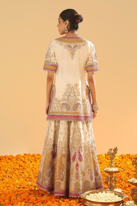Shop_Sheetal Batra_Ivory , Chanderi, Organza Sequins, Embroidery, Kirandori Sharara Set _at_Aza_Fashions