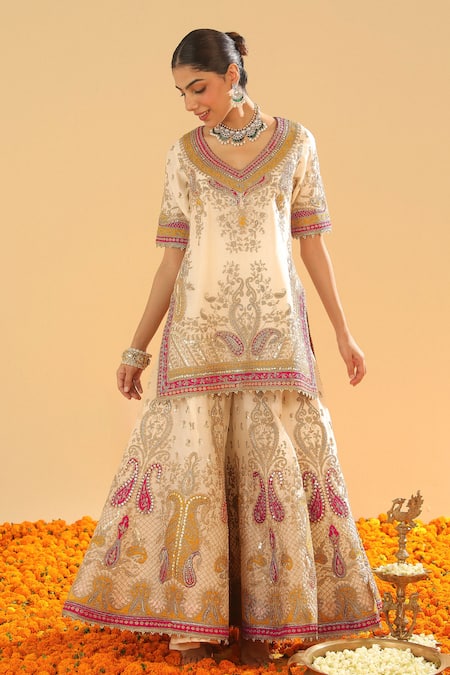 Shop_Sheetal Batra_Ivory , Chanderi, Organza Sequins, Embroidery, Kirandori Sharara Set _Online_at_Aza_Fashions