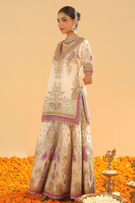 Sheetal Batra_Ivory , Chanderi, Organza Sequins, Embroidery, Kirandori Sharara Set _at_Aza_Fashions
