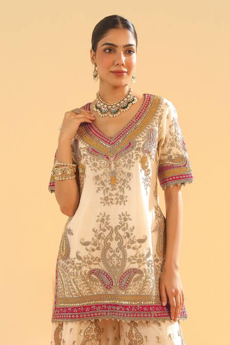 Shop_Sheetal Batra_Ivory , Chanderi, Organza Sequins, Embroidery, Kirandori Sharara Set 