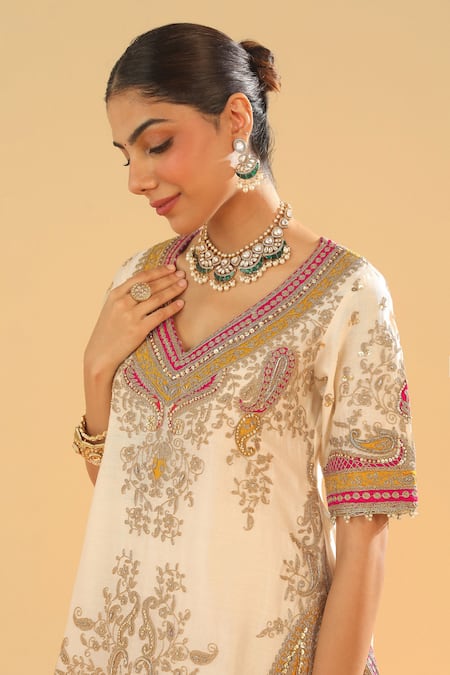 Buy Sheetal Batra Ivory Silk, Chanderi Embroidery, Diamonds V-neck Kirandori Kurta And Sharara Set Online at Aza Fashions Buy_Sheetal Batra_Ivory Silk, Chanderi Embroidery, Diamonds V-neck Kirandori Kurta And Sharara Set _Online_at_Aza_Fashions