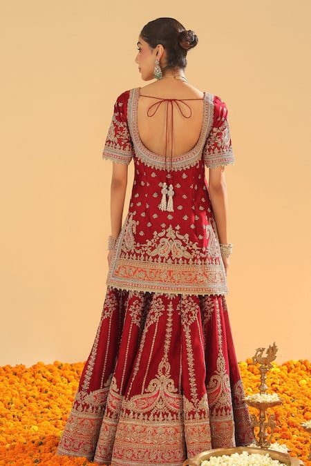 Shop Sheetal Batra Red Silk, Chanderi Embroidery Scoop Neck Kirandori Sharara Set at Aza Fashions Shop_Sheetal Batra_Red Silk, Chanderi Embroidery Scoop Neck Kirandori Sharara Set _at_Aza_Fashions