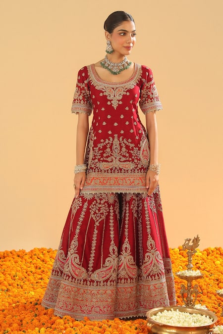 Sheetal Batra Red Silk, Chanderi Embroidery Scoop Neck Kirandori Sharara Set Online at Aza Fashions Sheetal Batra_Red Silk, Chanderi Embroidery Scoop Neck Kirandori Sharara Set _Online_at_Aza_Fashions