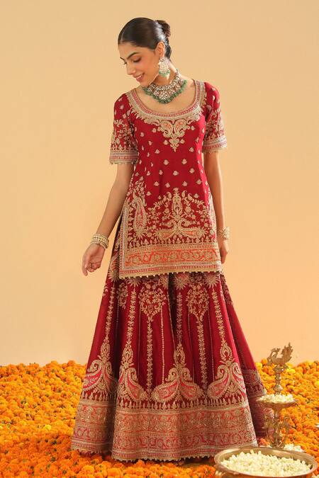Buy Sheetal Batra Red Silk, Chanderi Embroidery Scoop Neck Kirandori Sharara Set Online at Aza Fashions Buy_Sheetal Batra_Red Silk, Chanderi Embroidery Scoop Neck Kirandori Sharara Set _Online_at_Aza_Fashions
