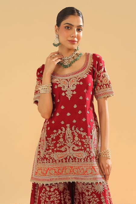 Shop Sheetal Batra Red Silk, Chanderi Embroidery Scoop Neck Kirandori Kurta Set Online at Aza Fashions Shop_Sheetal Batra_Red Silk, Chanderi Embroidery Scoop Neck Kirandori Kurta Set _Online_at_Aza_Fashions
