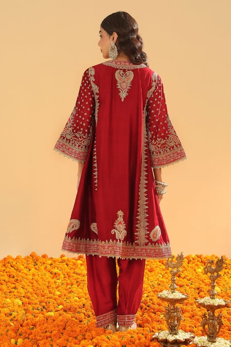 Shop Sheetal Batra Red Silk, Chanderi Embroidery Collared Kurta Set With Salwar at Aza Fashions Shop_Sheetal Batra_Red Silk, Chanderi Embroidery Collared Kurta Set With Salwar _at_Aza_Fashions