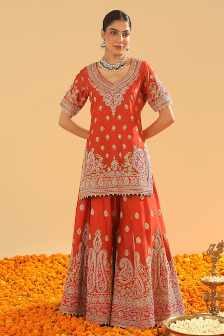 Sheetal Batra Orange Silk, Chanderi Embroidery, Zari V-neck Kirandori Sharara Set Online at Aza Fashions Sheetal Batra_Orange Silk, Chanderi Embroidery, Zari V-neck Kirandori Sharara Set _Online_at_Aza_Fashions