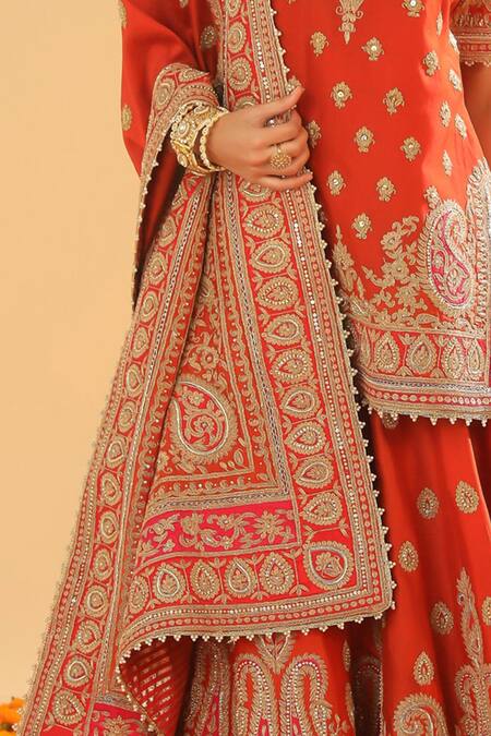 Buy Sheetal Batra Orange Silk, Chanderi Embroidery, Zari V-neck Kirandori Sharara Set Buy_Sheetal Batra_Orange Silk, Chanderi Embroidery, Zari V-neck Kirandori Sharara Set