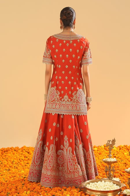 Shop_Sheetal Batra_Orange Silk Diamonds, Embroidery V-neck Kirandori Kurta And Sharara Set _at_Aza_Fashions