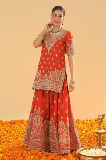 Buy_Sheetal Batra_Orange Silk Diamonds, Embroidery V-neck Kirandori Kurta And Sharara Set _Online_at_Aza_Fashions