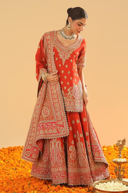 Shop_Sheetal Batra_Orange Silk Diamonds, Embroidery V-neck Kirandori Kurta And Sharara Set _Online_at_Aza_Fashions