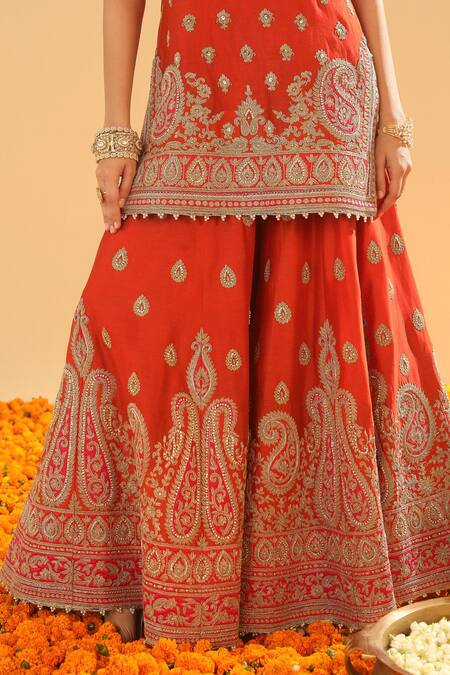 Sheetal Batra_Orange Silk Diamonds, Embroidery V-neck Kirandori Kurta And Sharara Set _at_Aza_Fashions