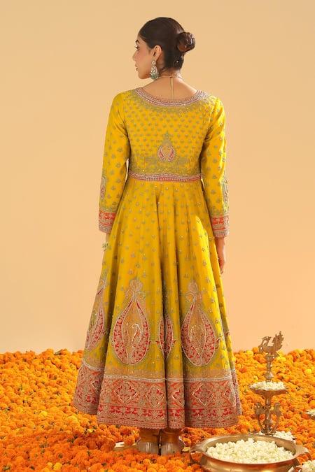 Shop Sheetal Batra Yellow Chanderi, Silk Embroidery, Beads V-neck Kashmiri Tilla Anarkali Set at Aza Fashions Shop_Sheetal Batra_Yellow Chanderi, Silk Embroidery, Beads V-neck Kashmiri Tilla Anarkali Set _at_Aza_Fashions
