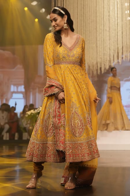 Sheetal Batra Yellow Chanderi, Silk Embroidery, Beads V-neck Kashmiri Tilla Anarkali Set Online at Aza Fashions Sheetal Batra_Yellow Chanderi, Silk Embroidery, Beads V-neck Kashmiri Tilla Anarkali Set _Online_at_Aza_Fashions