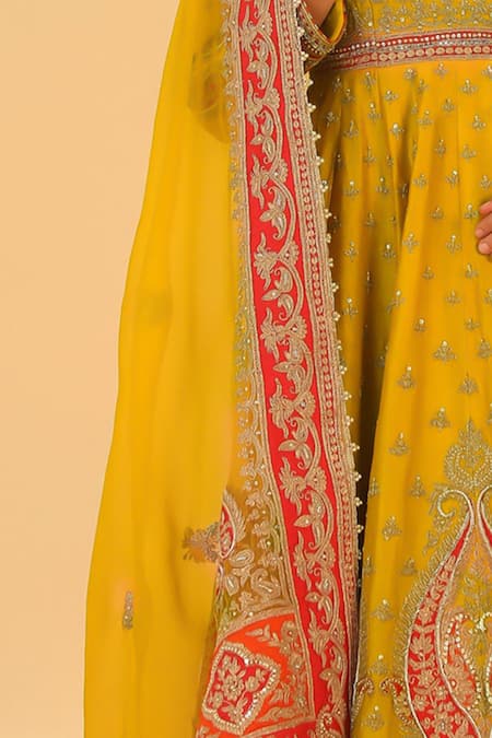 Shop Sheetal Batra Yellow Chanderi, Silk Embroidery, Beads V-neck Kashmiri Tilla Anarkali Set Shop_Sheetal Batra_Yellow Chanderi, Silk Embroidery, Beads V-neck Kashmiri Tilla Anarkali Set