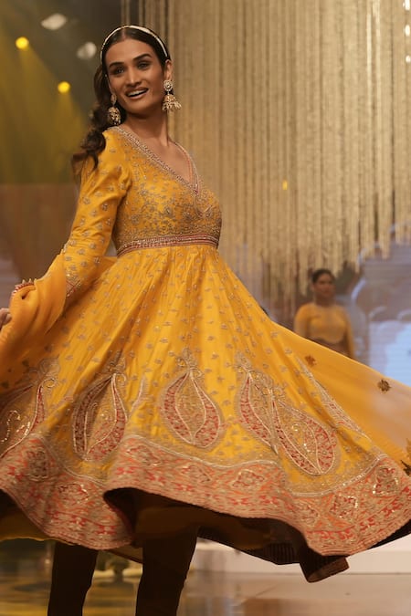 Sheetal Batra Yellow Chanderi, Silk Embroidery V-neck Anarkali And Churidar Set Online at Aza Fashions Sheetal Batra_Yellow Chanderi, Silk Embroidery V-neck Anarkali And Churidar Set _Online_at_Aza_Fashions