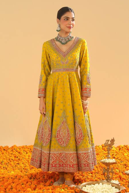 Buy Sheetal Batra Yellow Chanderi, Silk Embroidery V-neck Anarkali And Churidar Set Online at Aza Fashions Buy_Sheetal Batra_Yellow Chanderi, Silk Embroidery V-neck Anarkali And Churidar Set _Online_at_Aza_Fashions