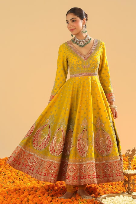 Sheetal Batra Yellow Chanderi, Silk Embroidery V-neck Anarkali And Churidar Set at Aza Fashions Sheetal Batra_Yellow Chanderi, Silk Embroidery V-neck Anarkali And Churidar Set _at_Aza_Fashions