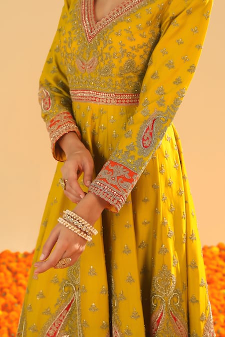Shop Sheetal Batra Yellow Chanderi, Silk Embroidery V-neck Anarkali And Churidar Set Shop_Sheetal Batra_Yellow Chanderi, Silk Embroidery V-neck Anarkali And Churidar Set