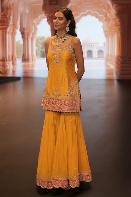 Shop Sheetal Batra Yellow Chanderi, Georgette, Organza, Mustard Kirandori Kurta Set Shop_Sheetal Batra_Yellow Chanderi, Georgette, Organza, Mustard Kirandori Kurta Set