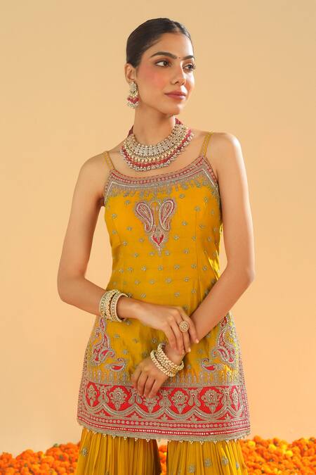 Sheetal Batra Yellow Chanderi, Georgette Diamonds, Embroidery, Bahar Kirandori Kurta Set at Aza Fashions Sheetal Batra_Yellow Chanderi, Georgette Diamonds, Embroidery, Bahar Kirandori Kurta Set _at_Aza_Fashions