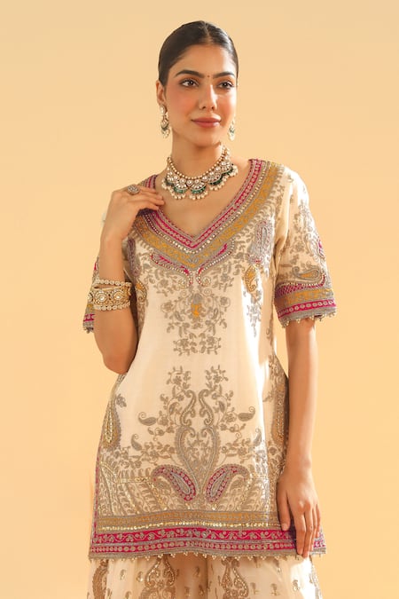Shop Sheetal Batra Ivory Silk, Chanderi Embroidery, Diamonds V-neck Kirandori Kurta And Sharara Set Online at Aza Fashions Shop_Sheetal Batra_Ivory Silk, Chanderi Embroidery, Diamonds V-neck Kirandori Kurta And Sharara Set _Online_at_Aza_Fashions