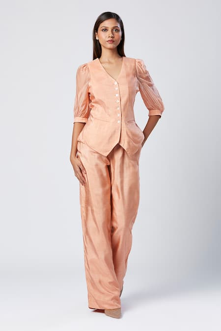 Madder Much_Pink Silk, Cotton V-neck Solid Waistcoat And Pant Set _Online_at_Aza_Fashions