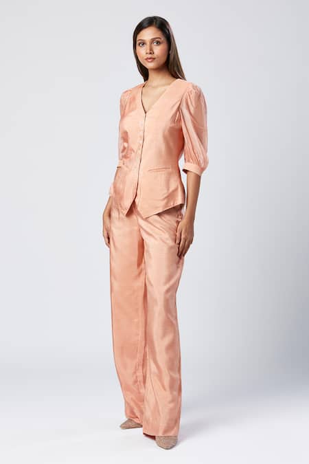 Buy_Madder Much_Pink Silk, Cotton V-neck Solid Waistcoat And Pant Set _Online_at_Aza_Fashions