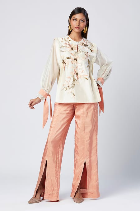 Madder Much Floral Embroidered Top & Slit Pant Set 