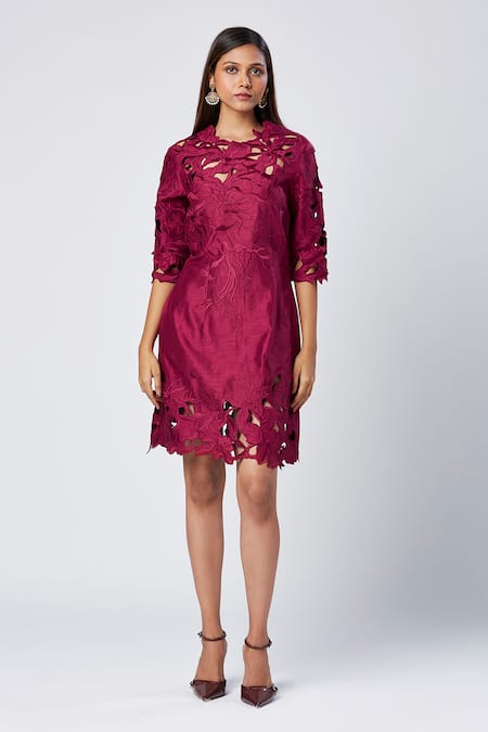 Madder Much_Wine Viscose, Silk, Cotton Cut Work, Embroidery Round Neck Floral Cutwork Dress _Online_at_Aza_Fashions