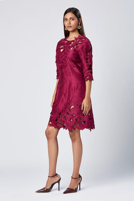 Buy_Madder Much_Wine Viscose, Silk, Cotton Cut Work, Embroidery Round Neck Floral Cutwork Dress _Online_at_Aza_Fashions