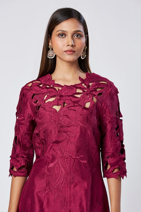 Shop_Madder Much_Wine Viscose, Silk, Cotton Cut Work, Embroidery Round Neck Floral Cutwork Dress _Online_at_Aza_Fashions