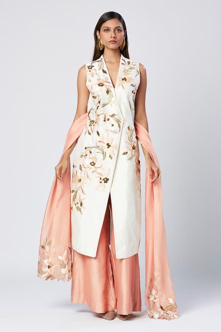 Madder Much_Ivory Silk, Cotton Sequins, Embroidery V-neck Asymmetric Tunic Pant Set _Online_at_Aza_Fashions