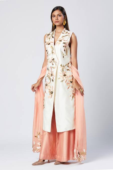 Buy_Madder Much_Ivory Silk, Cotton Sequins, Embroidery V-neck Asymmetric Tunic Pant Set _Online_at_Aza_Fashions