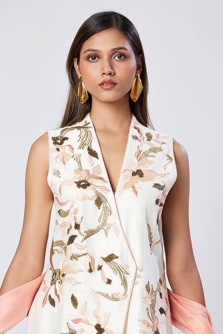 Shop_Madder Much_Ivory Silk, Cotton Sequins, Embroidery V-neck Asymmetric Tunic Pant Set _Online_at_Aza_Fashions