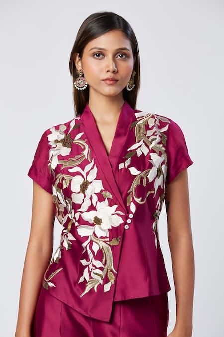 Madder Much_Wine Cotton, Silk Shawl Neck Asymmetric Embroidered Vest And Flared Pant Set _Online_at_Aza_Fashions