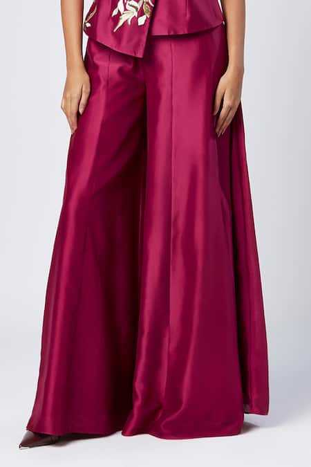 Buy_Madder Much_Wine Cotton, Silk Shawl Neck Asymmetric Embroidered Vest And Flared Pant Set _Online_at_Aza_Fashions