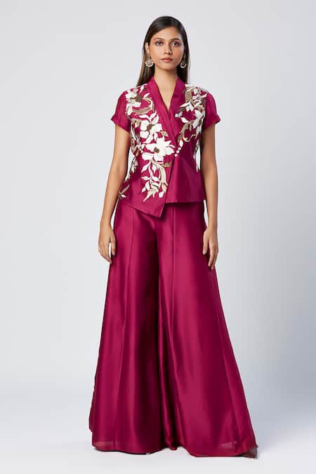 Shop_Madder Much_Wine Cotton, Silk Shawl Neck Asymmetric Embroidered Vest And Flared Pant Set _Online_at_Aza_Fashions